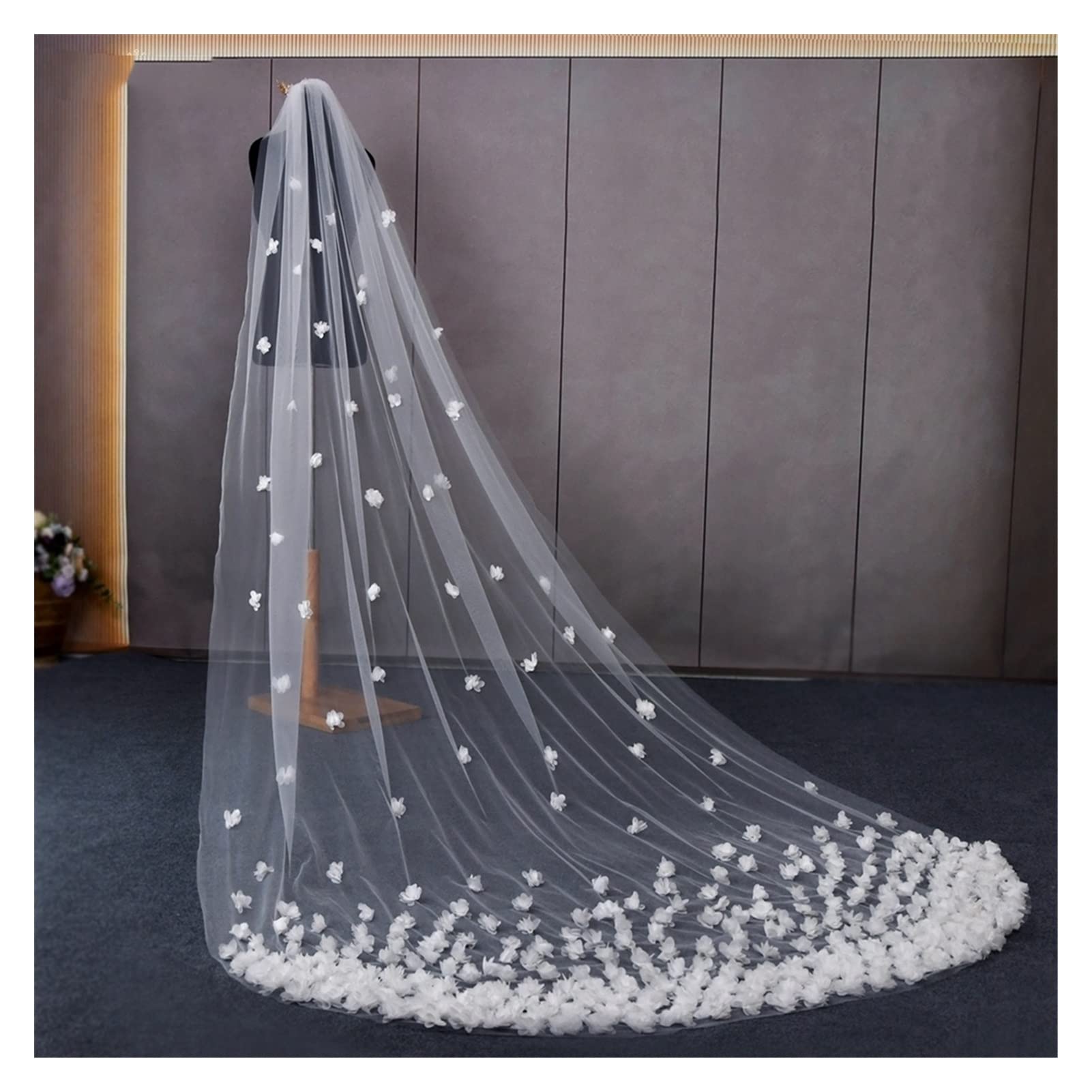 Saturey Ivory Wedding Veil Wedding Veil With 3D Flowers Cathedral Bridal Veil Flowers Bridal Veil Soft Tulle Veil (Color : Item Length : 150Cm)