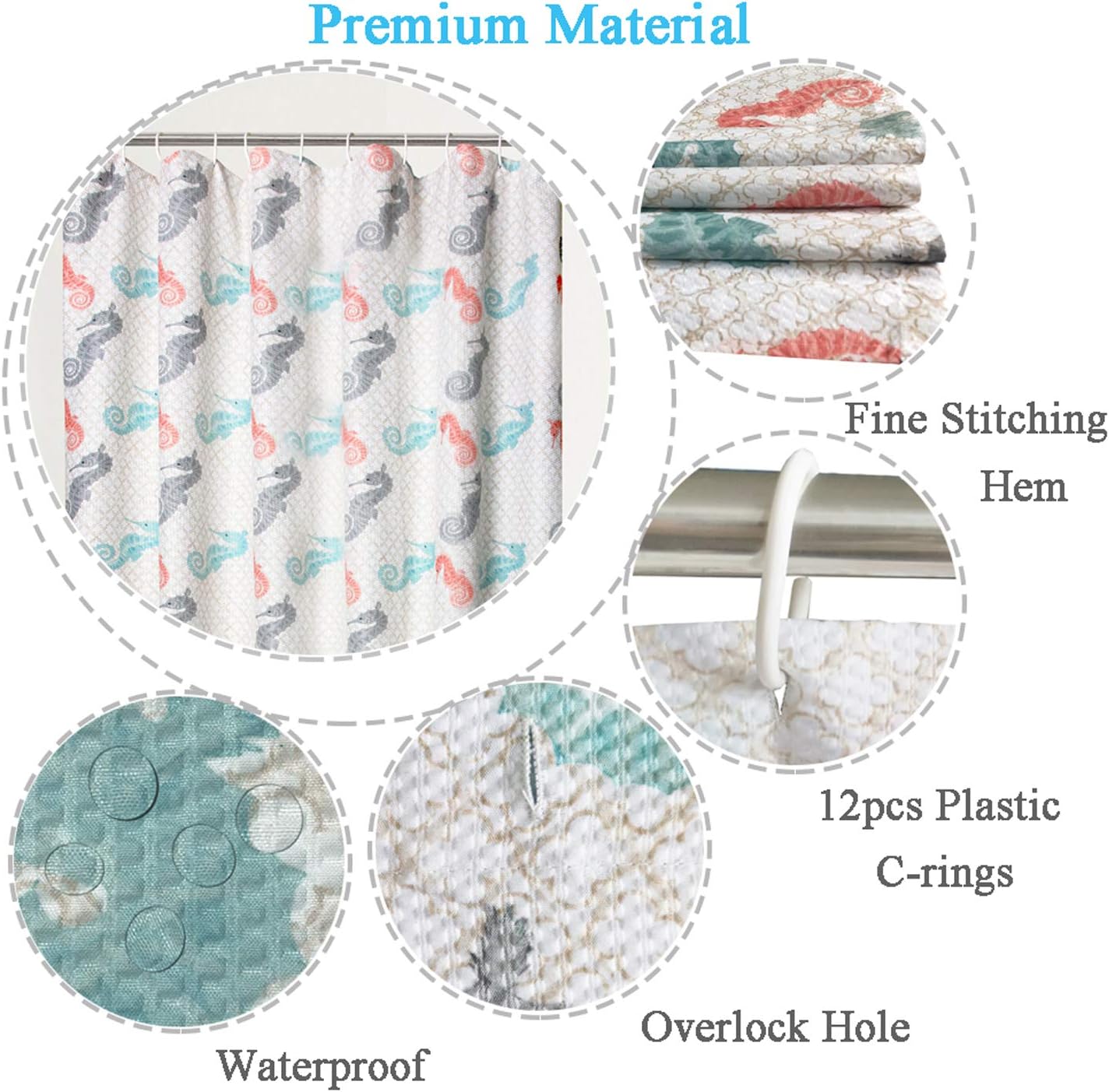 Mejoroom Luxury Shower Curtain for Bathroom,Polyester Fabric Machine Washable Waterproof Shower Curtain with 12 Hooks,72 x 72 Inches （Hippocampus）