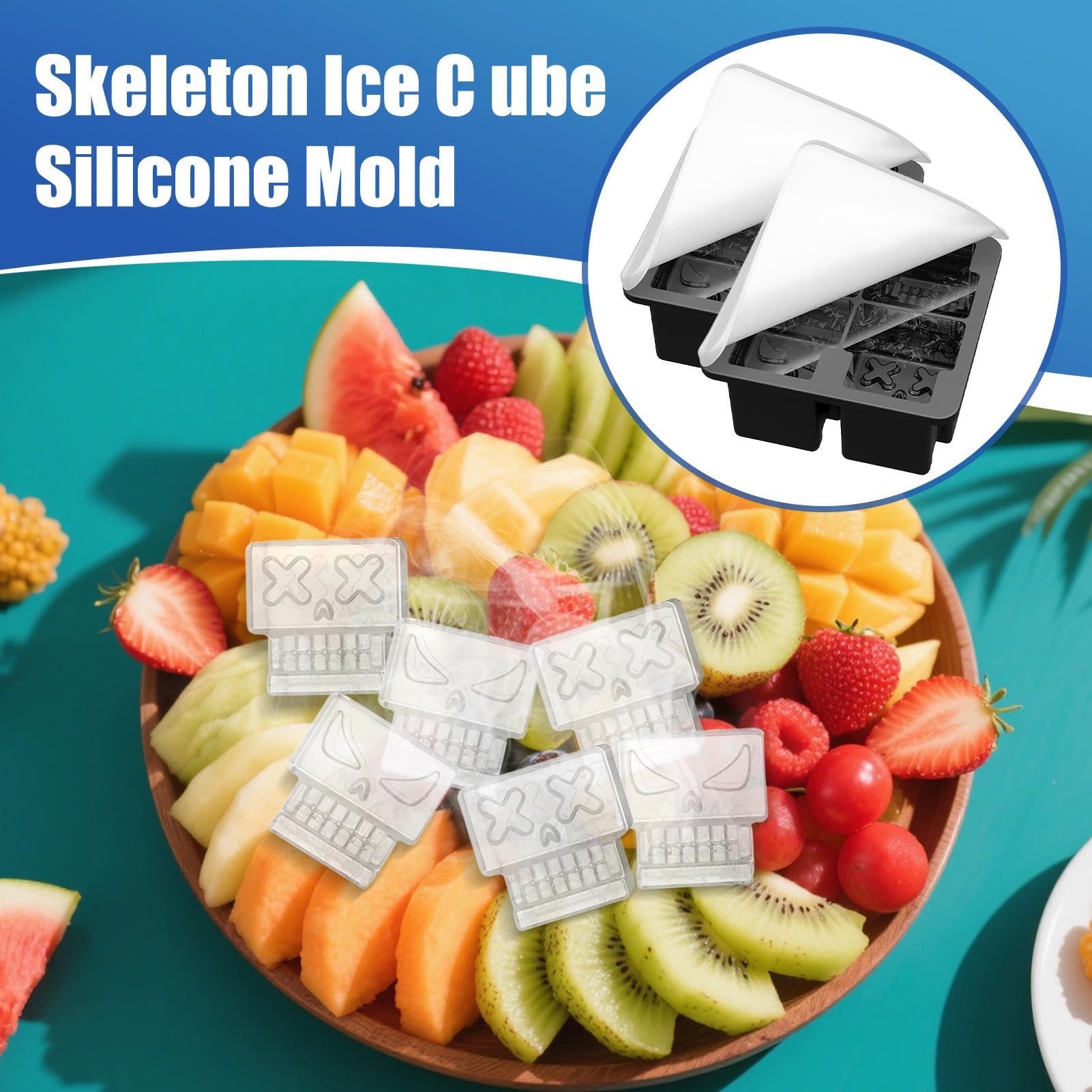 Eiswürfelform – 4 Mulden, Skelett-Silikon-Eiswürfelformen, 2-teiliges antihaftbeschichtetes Werkzeug für einfaches Herauslösen, perfekt für Sommerpartys, Camping und Picknicks im Freien