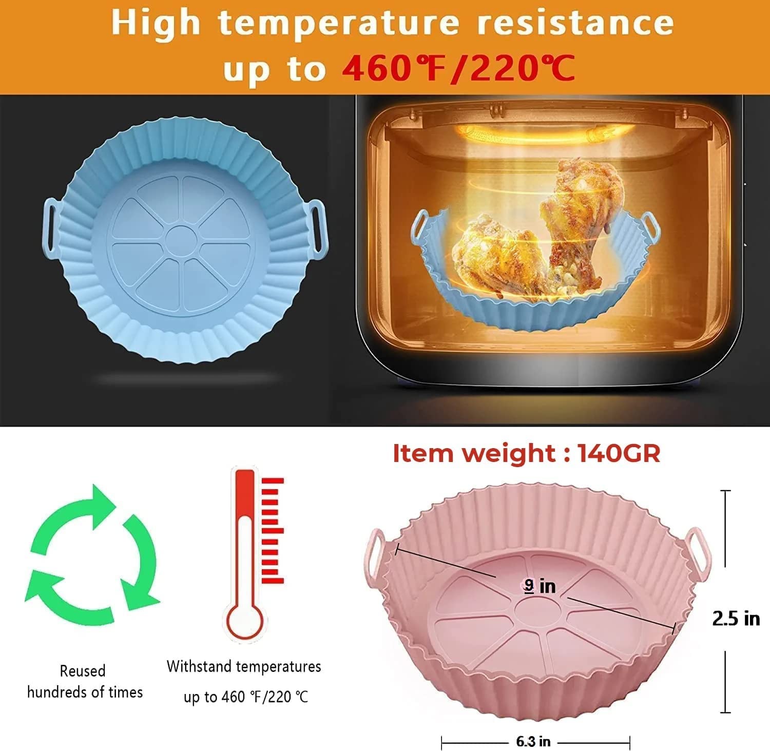 COOLCOLD Air Fryer, Silicone Tray, 140gm | Accessories, 7.3 In Bottom (Fit - 4.2QT to Bigger Size Air Fryer) Non-Stick Silicone Pot Air Fryer Liners with Ear Handles, Easy to Clean, Nonstick- (Pink) 1