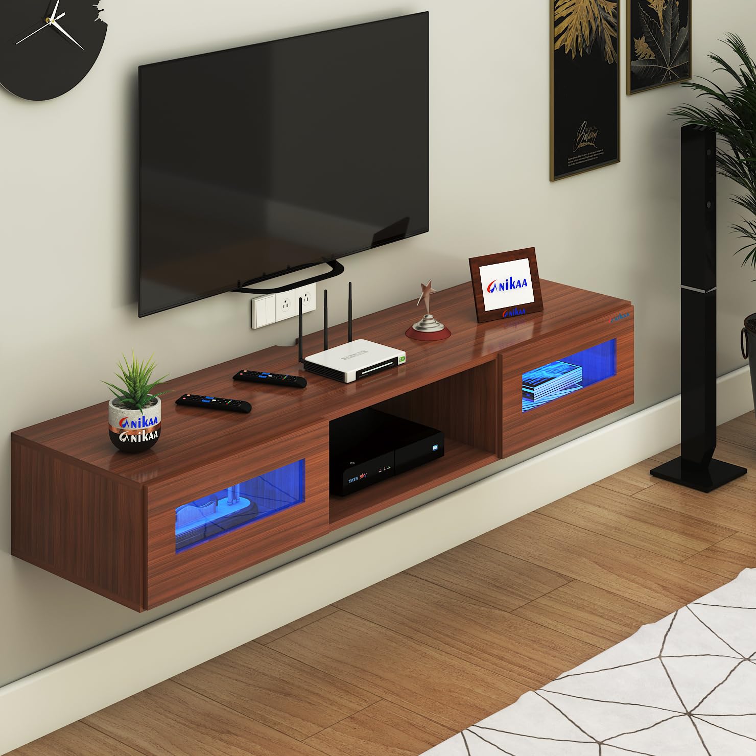 Anikaa Orilo Wall Mount Modern Floating TV Unit for Living Room with 3 Storage Cabinet & Blue LED Light | Ideal for UP to 65 Inch TV (Walnut Finish - DIY Installation)