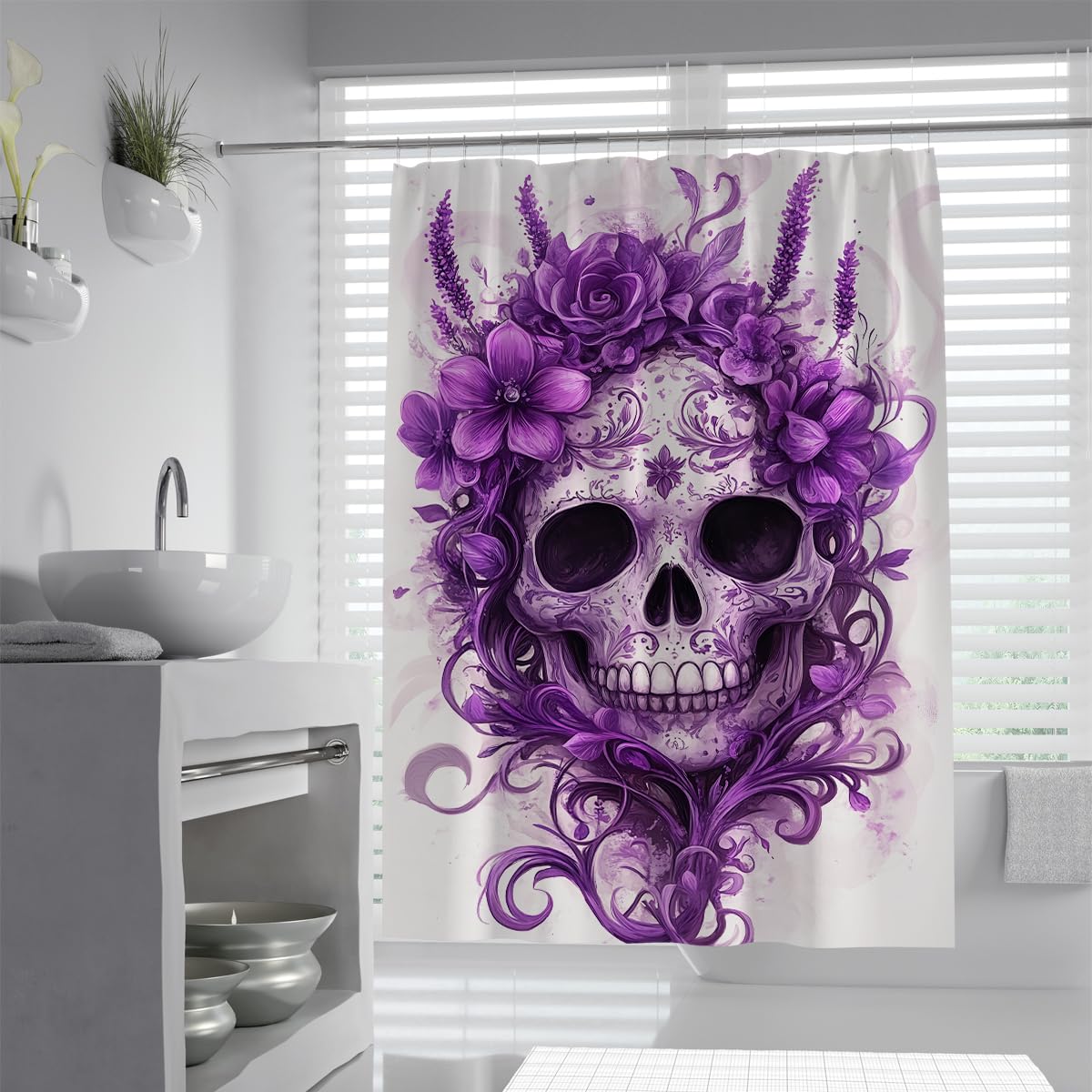 Gothic Skull Duschvorhang Purple Rose White Badezimmer Deko 180x200cm