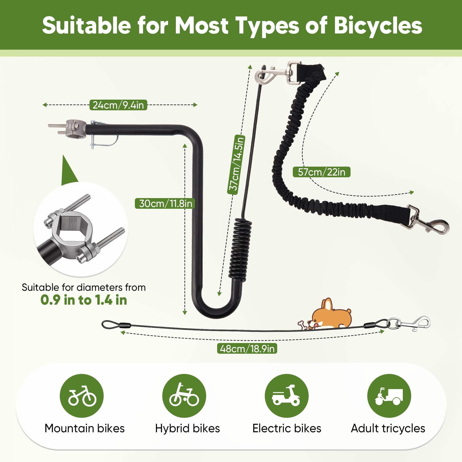 Correa de Perro para Bicicleta con Brazo en U y Amortiguación Doble, Soporte Canino para Ciclismo Montaje Rápido Ajustable Anti-Mordeduras, para Perros Grandes Bicicleta Eléctrica Triciclo, Negro
