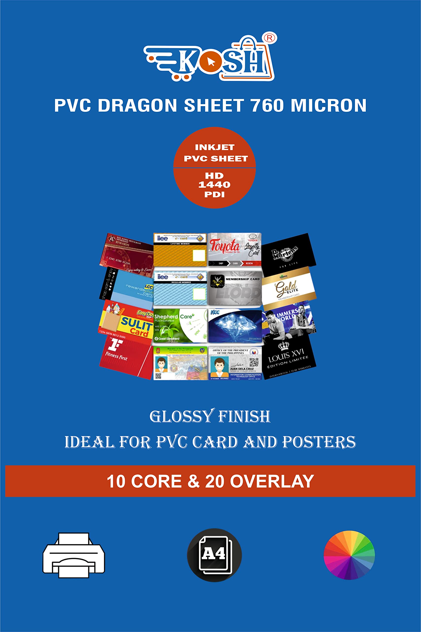 Kosh PVC Lamination Dragon Sheet A4 Size 760 Micron for PVC Aadhar, Photos, ID Card (Set of 10 Cores and 20 Overlays)