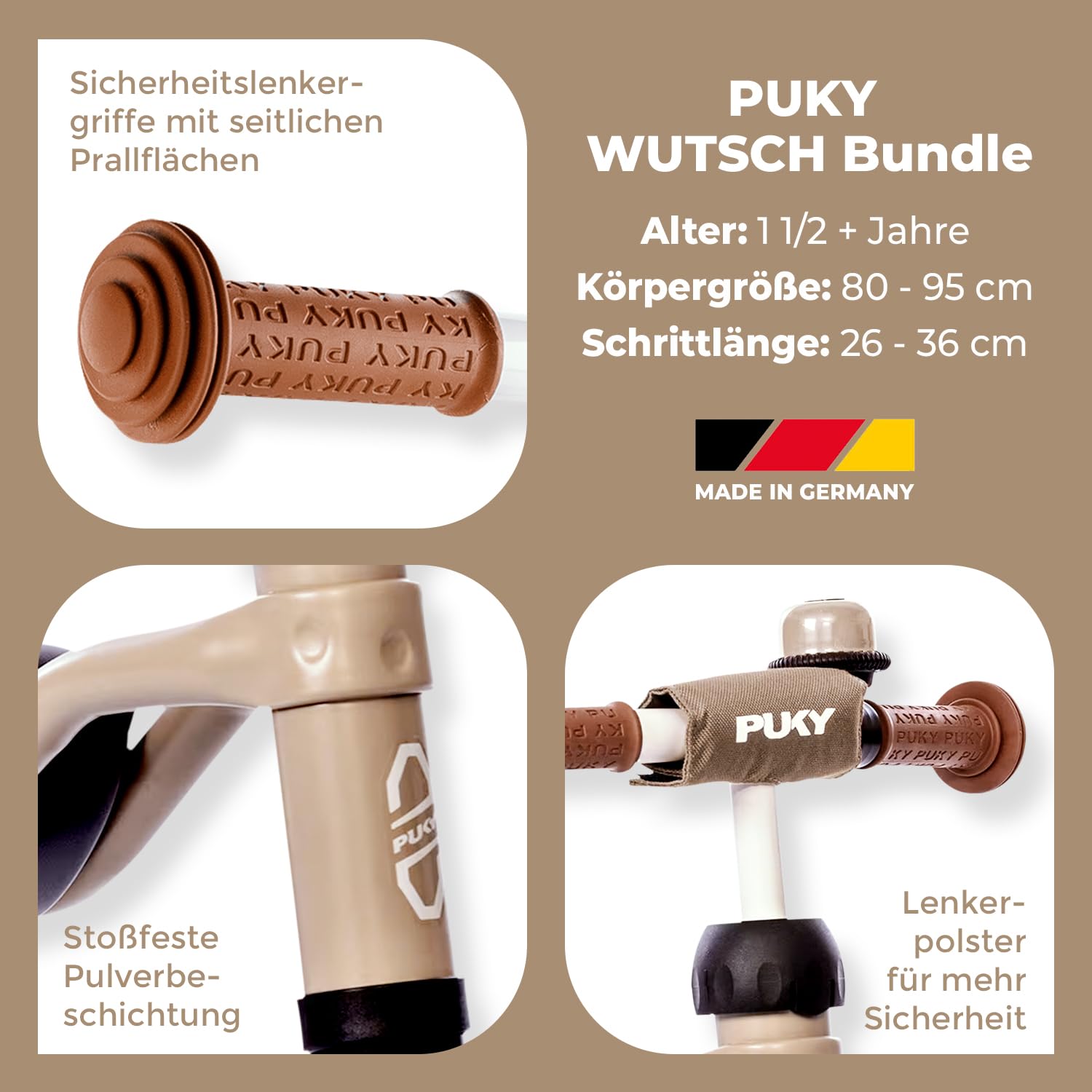 PUKY WUTSCH Bundle | Sicheres Laufrad | Für Kleinkinder ab 1,5 Jahren | Rutschfahrzeug | Pendelachse | Mit Sicherheitslenkergriffen (Dusty Sand)