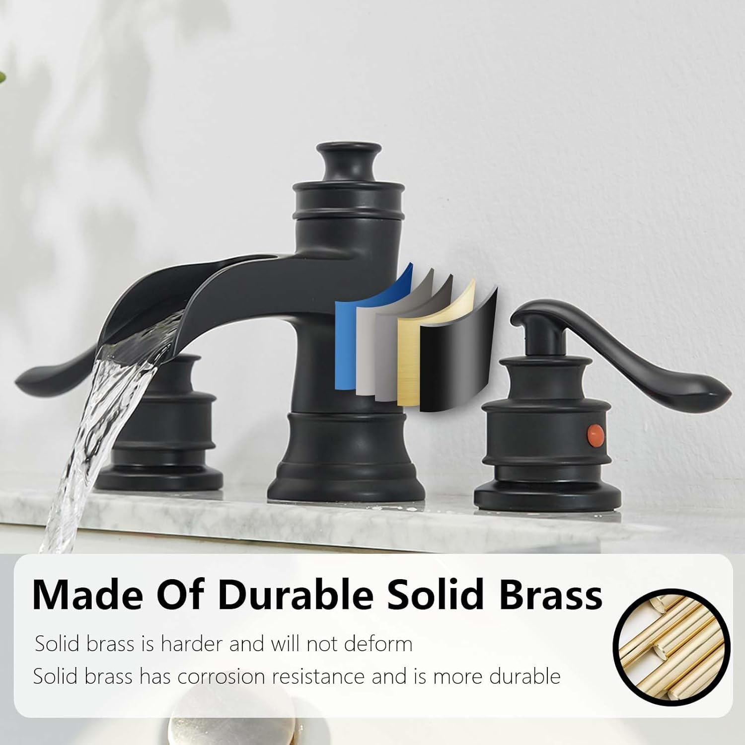 Black Widespread Bathroom Faucet, Bathroom Sink Faucet 3 Hole, Waterfall Spout Farmhouse 2 Handle 8 Inch Lavatory Vanity with Pop Up Drain with Overflow