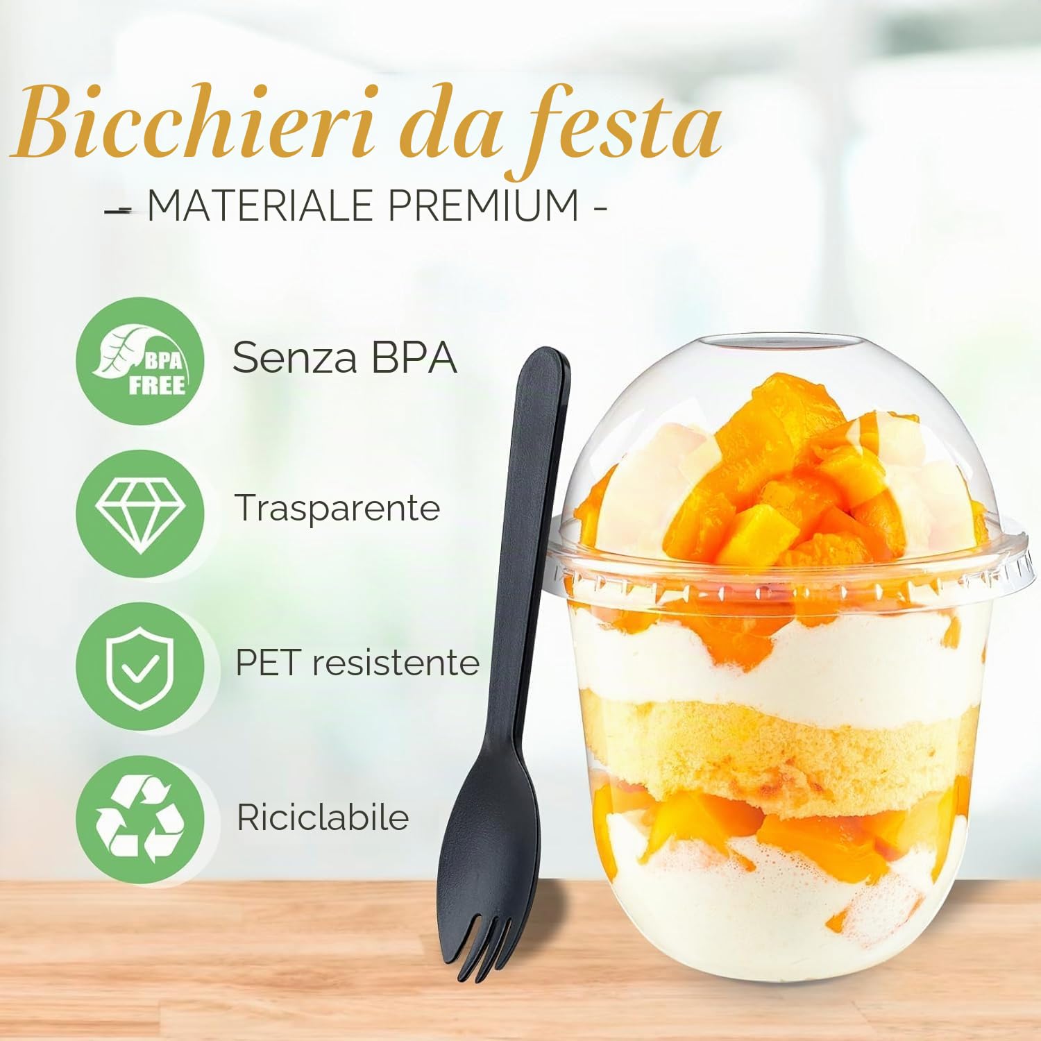 LATERN 50 Pezzi Bicchieri da Dessert in Plastica con Coperchi a Cupola, 360ml Tazze da Dessert Rotonde Coppa Trasparente per Antipasti Parfait Ciotola da Portata Riutilizzabile con Sporks