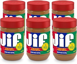 Jif Creamy Peanut Butter 16 oz Pack of 6 - Gluten-Free, Non-GMO, 7g Protein, No Artificial Preservatives