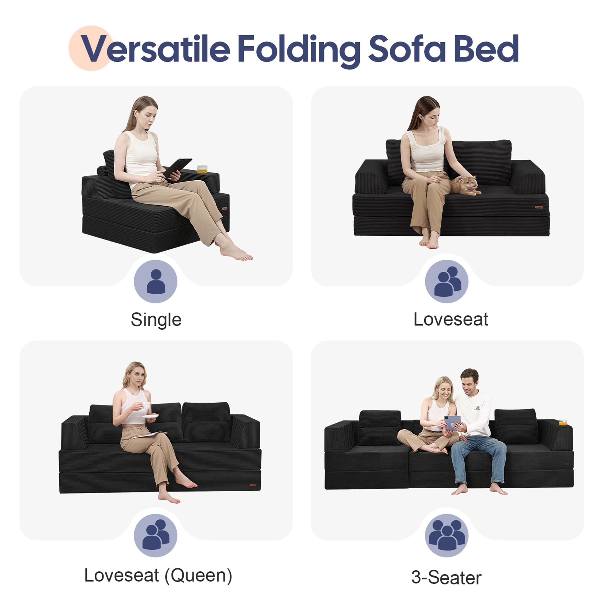 COMAX Folding Sofa Bed, Foldable Couch for Bedroom, Corduroy Convertible Floor Sleeper Futon Chair Foam, 3 in 1 Fold Out Chair Portable Comfy Lounge Couch Single Sofa Bed for Small Space Guest Room