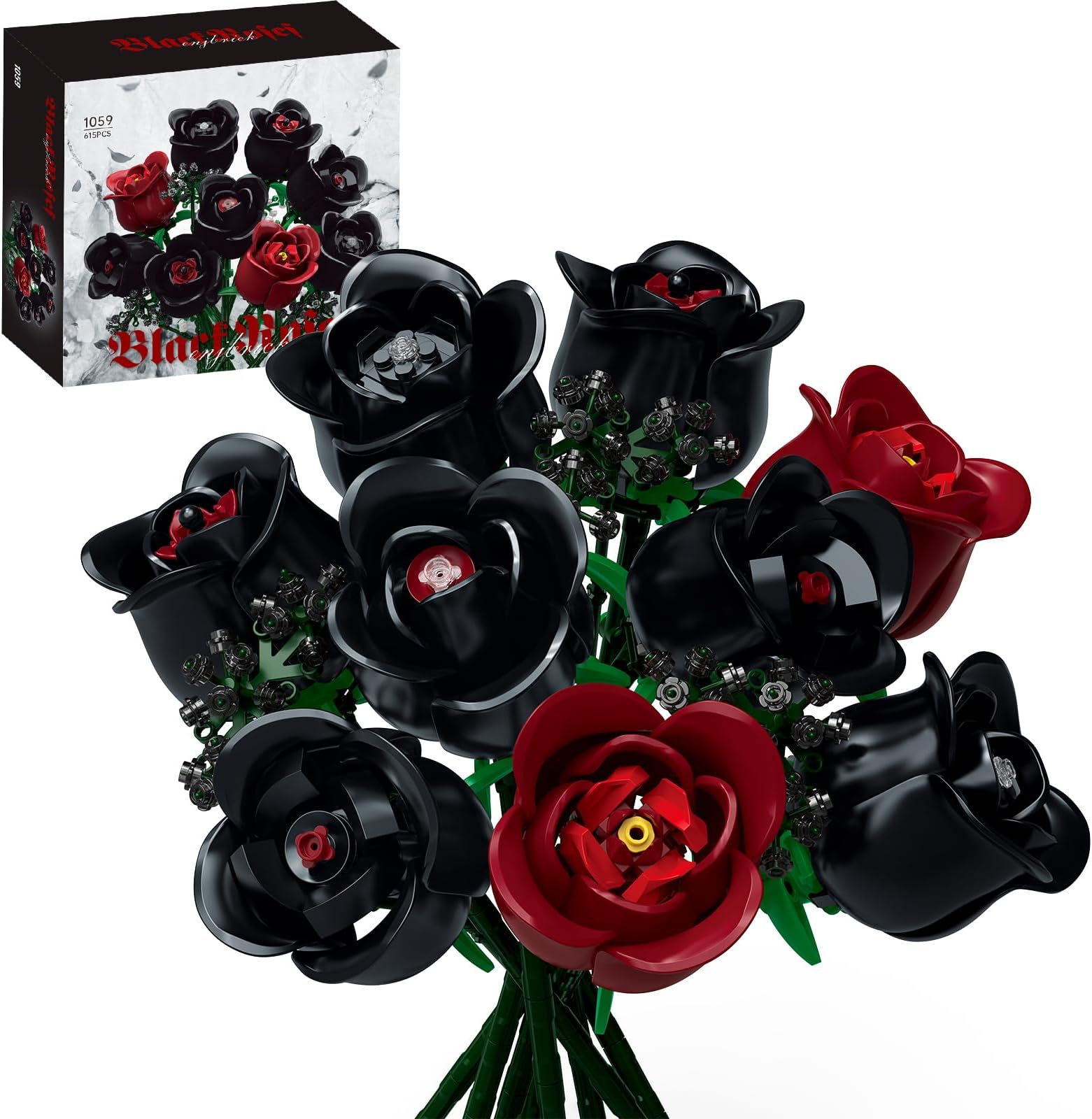 Flowers Bouquet Building Set for Adults, Botanical Collection, Black Roses Gothic Home Decor & Unique Romantic Gifts for Women, Anniversary