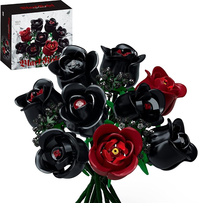 Gothic Flowers Bouquet Building Set for Adults, Botanical Collection | Black Roses Halloween Emo Home Decor & Dark Romantic Gifts for Women, Anniversary