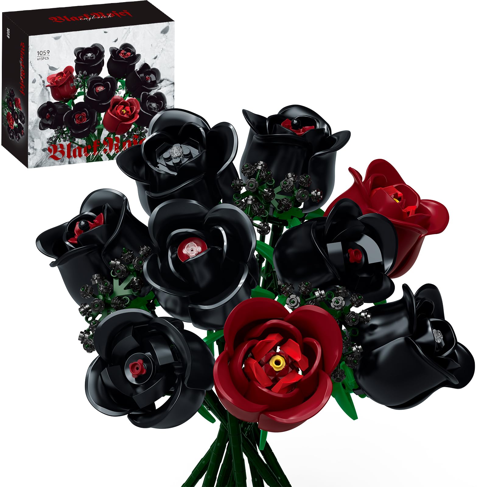 ENJBRICK Schwarze und Rote Rosen Blumenstrauß Klemmbausteine, Gothic Künstliche Blumen Botanische Kollektion, Geschenk für Frauen zum Jahrestag, Ästhetische Raumdeko