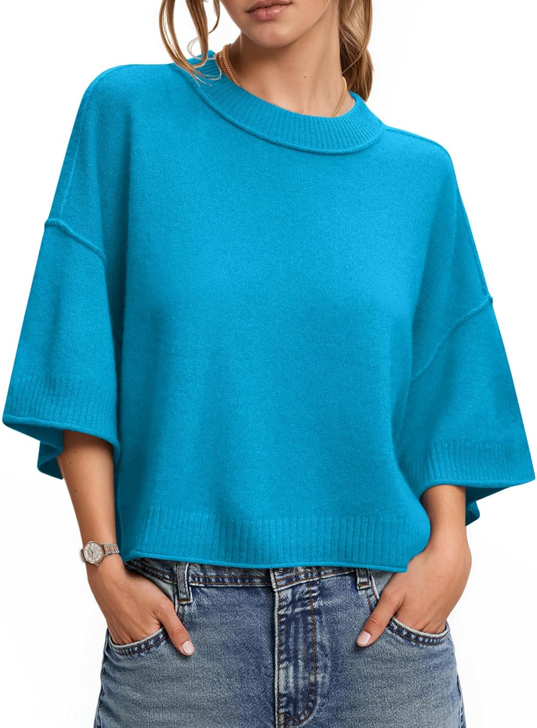 Women's Spring Sweater Cropped 2026 Fashion 3/4 Short Sleeve Casual Crewneck Knit Tops Loose Lightweight Pullover