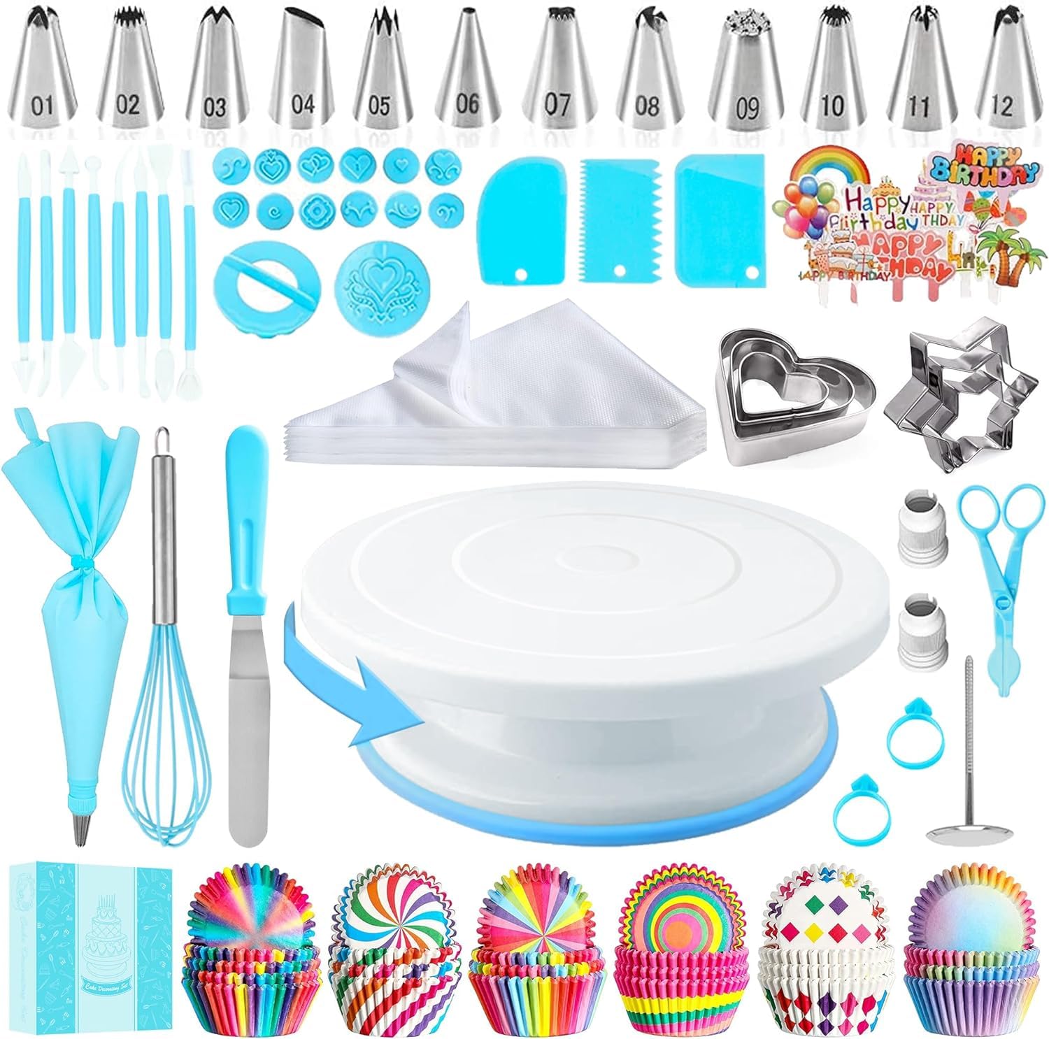 AZOMKER Cake Decorating Kits, Cake Accessories, Baking Accessories, Cake Plate Rotatable, Backset, Cake Rotator, Sprayer Bags Set (255pieces)