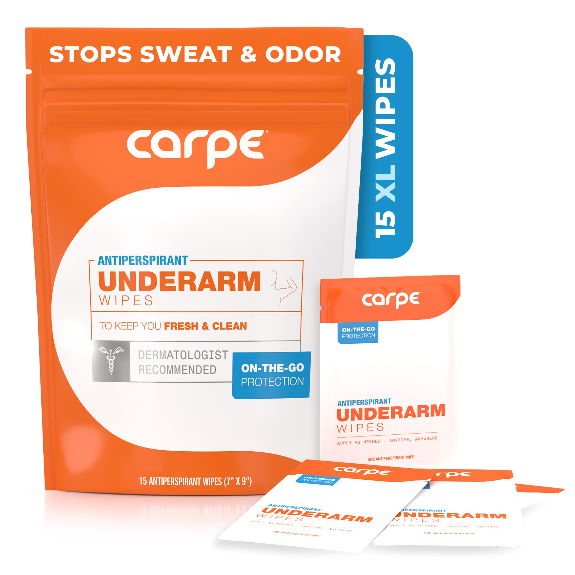 Antiperspirant Underarm Wipes for Sweat Blocking, Deodorizing, and Cleansing When You’re On the Move - 15 Residue Free, Individually Wrapped Wipes - Clean and Refreshing Scent