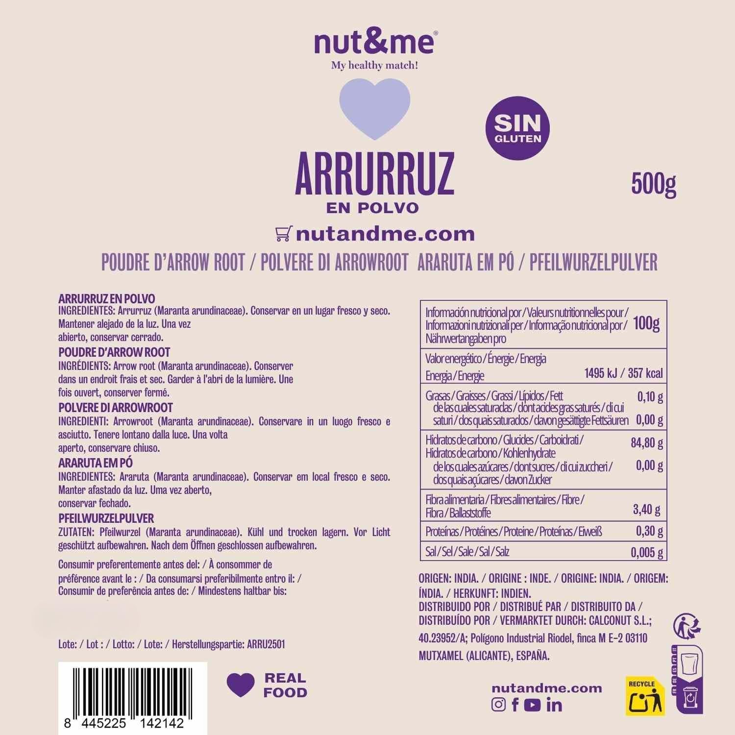 Poudre d'arrow-root 500 g nut&me | Keto | Epaississant neutre | Sans additifs | Sans OGM | Idéal pour la pâtisserie et la cuisine | Naturelle
