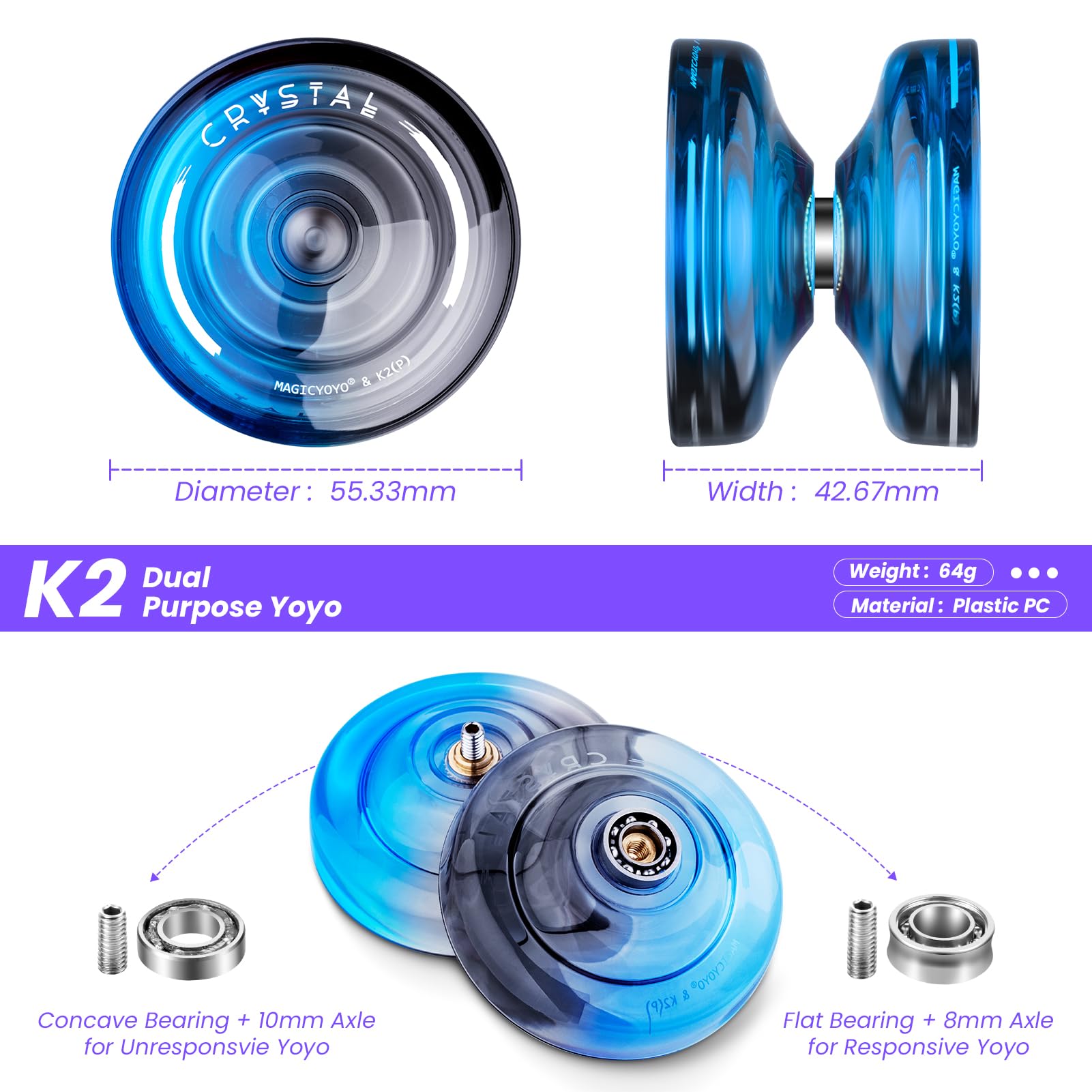 MAGICYOYO Responsive Yoyo for Kids K2 Crystal Black Blue, 2 in 1