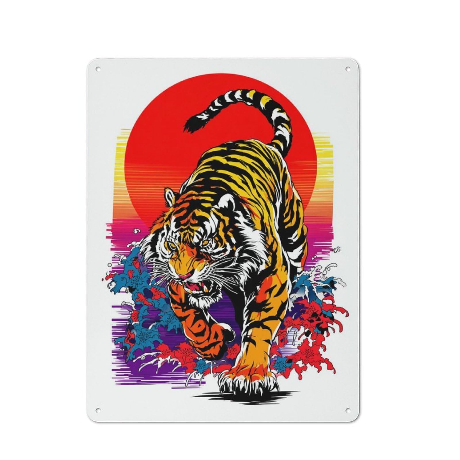 Junmoney Dynamic Tiger Sunset Illustration Retro Metal Plaque 40X30cm For Lounge Or Reading Corner, Suited To Lounge Decor Fans