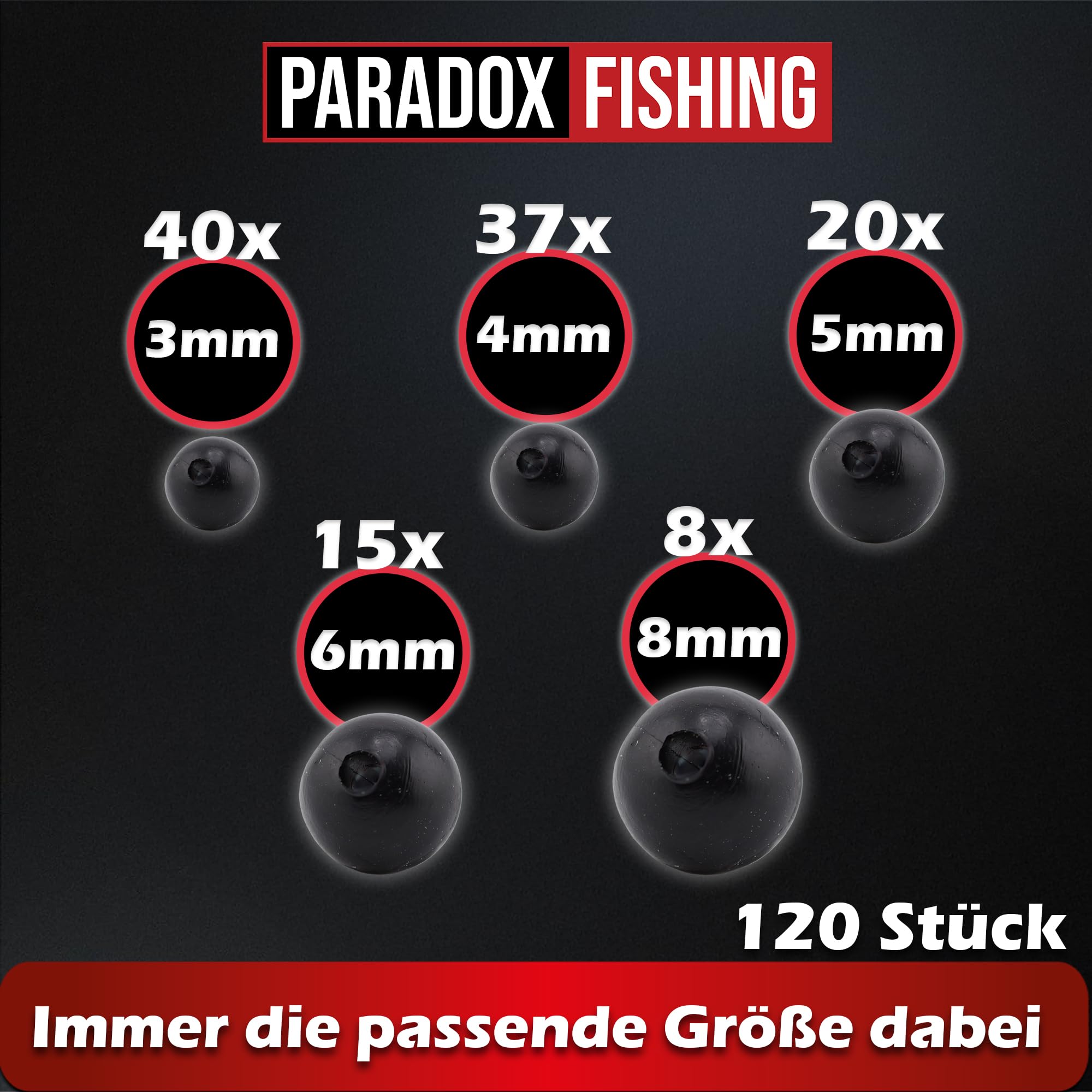 Paradox Fishing Gummiperlen Set (120 Stück) – 3mm bis 8mm Angelzubehör – Weiche Stopperperlen zum Angeln als Knotenschutz für Karpfen- & Forellen-Montagen - 3