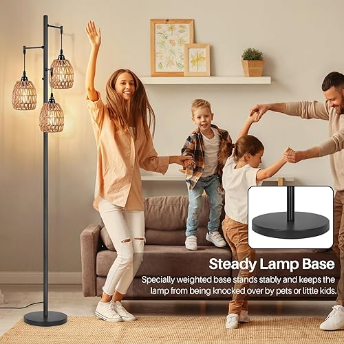 Miniatura 6 de Lámpara de pie con 3 bombillas LED de edición, lámpara de pie alta de granja para sala de estar, regulable industrial rústico gris, árbol brillante,