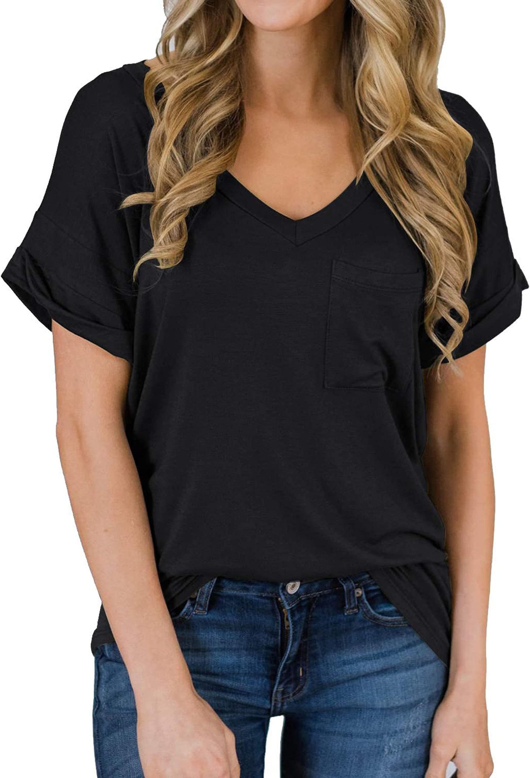 Women's Soft Basic Short Sleeve V-Neck T-Shirts Loose Casual Tee Tops Clothes Everyday Wear