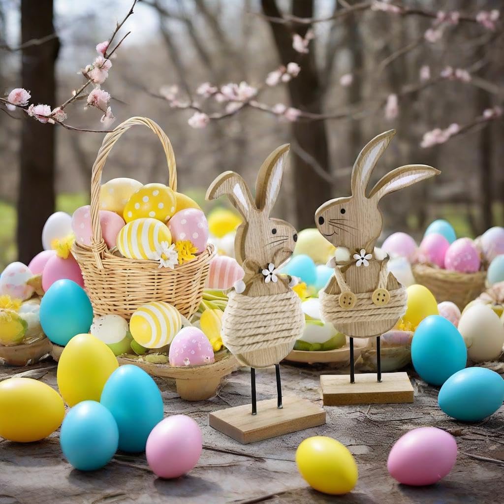 YIEUR 2 Figurines Lapin De Pâques En Bois - Décoration 17cm Extérieur/Intérieur