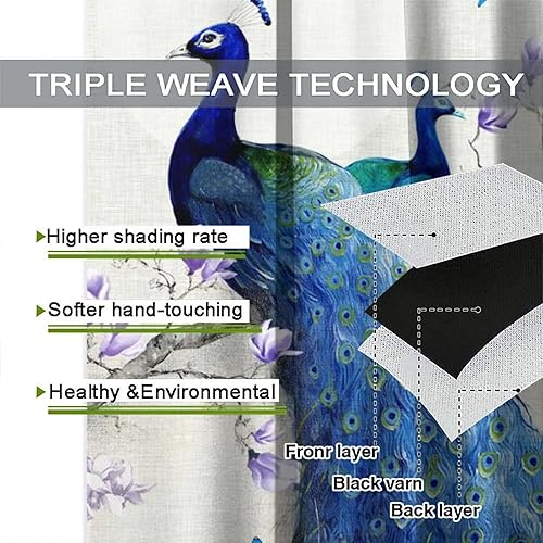 Miniatura 56 de Cortina opaca con estampado de pavo real, con estampado de animales retro, con bolsillo para cortinero y flores de peonía doradas, para dormitorio,