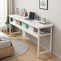 Vista 1 de Escritorio para computadora de oficina en casa, escritorio pequeño de estilo moderno y simple, mesa de trabajo compacta de PC con estantes