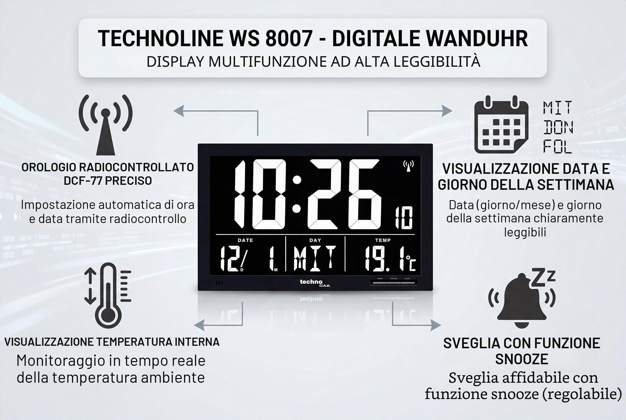 techno line WS 8007 Orologio Radio, Nero, 36.8x2.9x22.8 cm