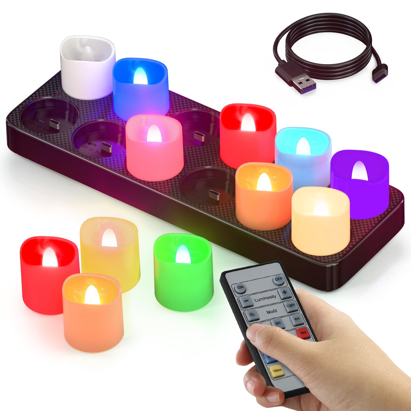 Flameless Candles Color Changing Rechargeable, 12pcs LED Flickering Tea Lights Votives Candle with Charging Base & Remote Timer for Room Table Party Halloween Decorations, Multicolor, 1.57"