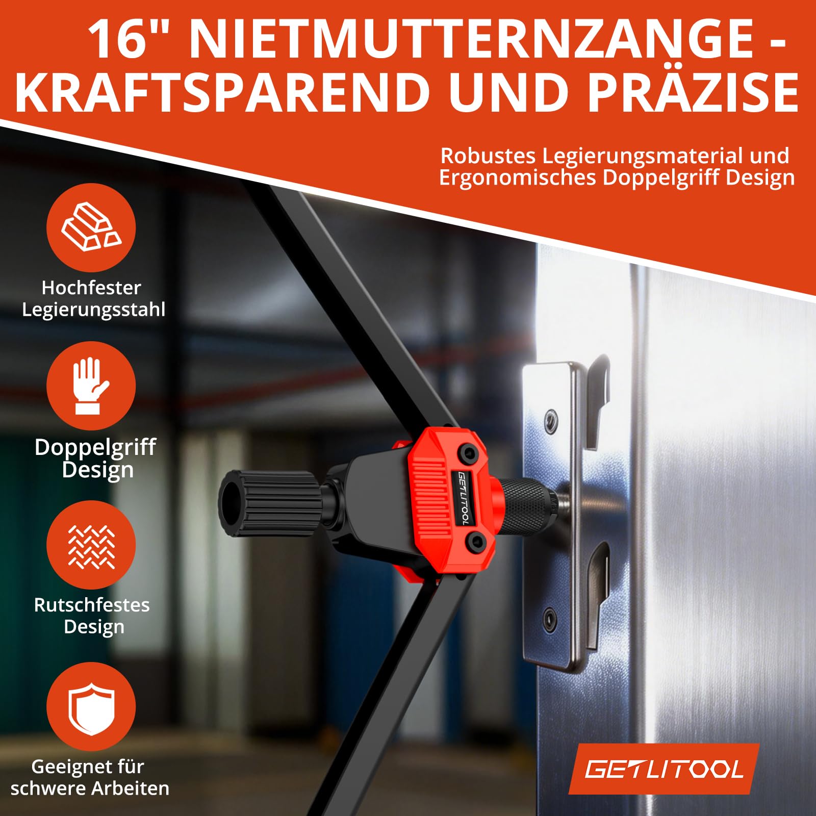 GETLITOOL Nietmutternzange Set, 40cm Nietzange inkl. 120 Nietmuttern, M3-M12 Dorne, Gewindenieten Zange Set für Kfz-Reparatur Metall Holz Möbel, Rutschfest Griff Einnietmutternzange mit Tragekoffer