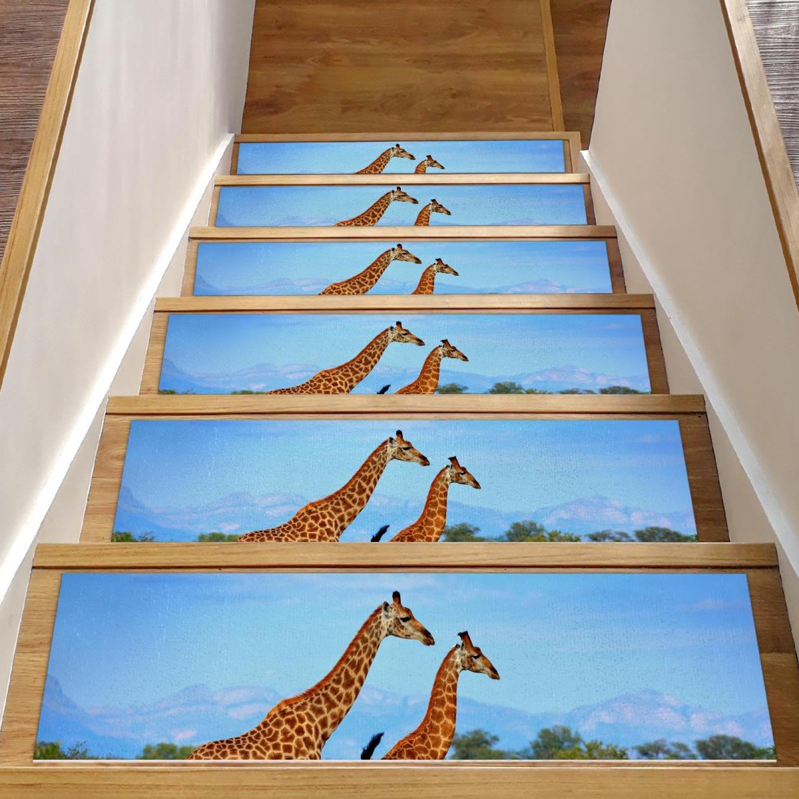 Alfombra para escaleras con jirafas en pack de 15 alfombrillas antideslizantes de madera