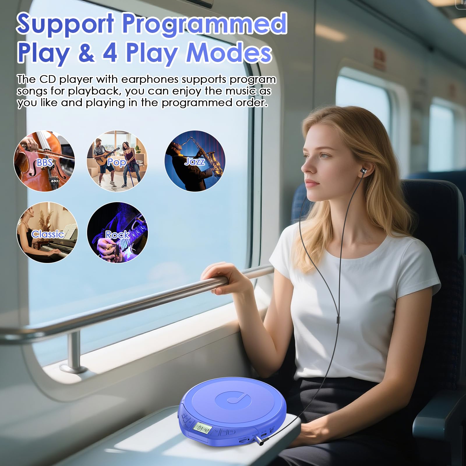 Gueray Lettore CD portatile Dsicman: con auricolari per auto con anti-skip antiurto con display LCD Supporto funzione di ripetizione memoria PROG (blu)