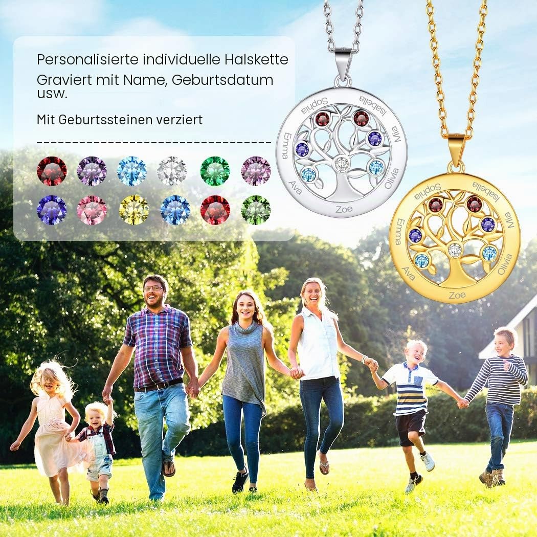 Suplight personalisiert Familienkette 925 Silber/Edelstahl Geburtssteinkette Namenskette Herz/Baum des Lebens Anhänger Halskette mit Gravur Partnerschaft Freundschaft Schmuck mit Geschenkbox