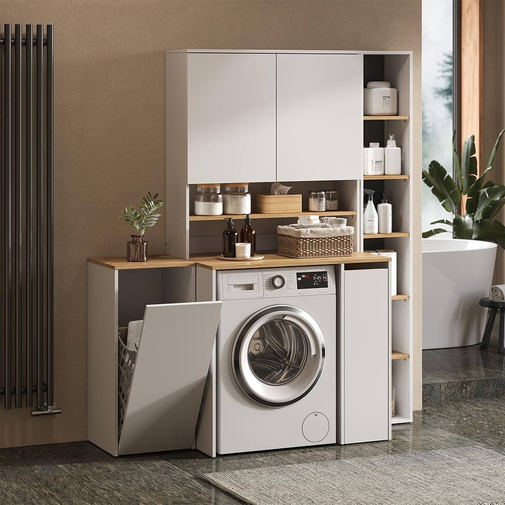 Vicco Armoire Machine à Laver Viktor, Blanc/Artisan, 93.6x88.2cm | 2 pièces avec étagère, convient pour le rangement de lessive et de serviettes