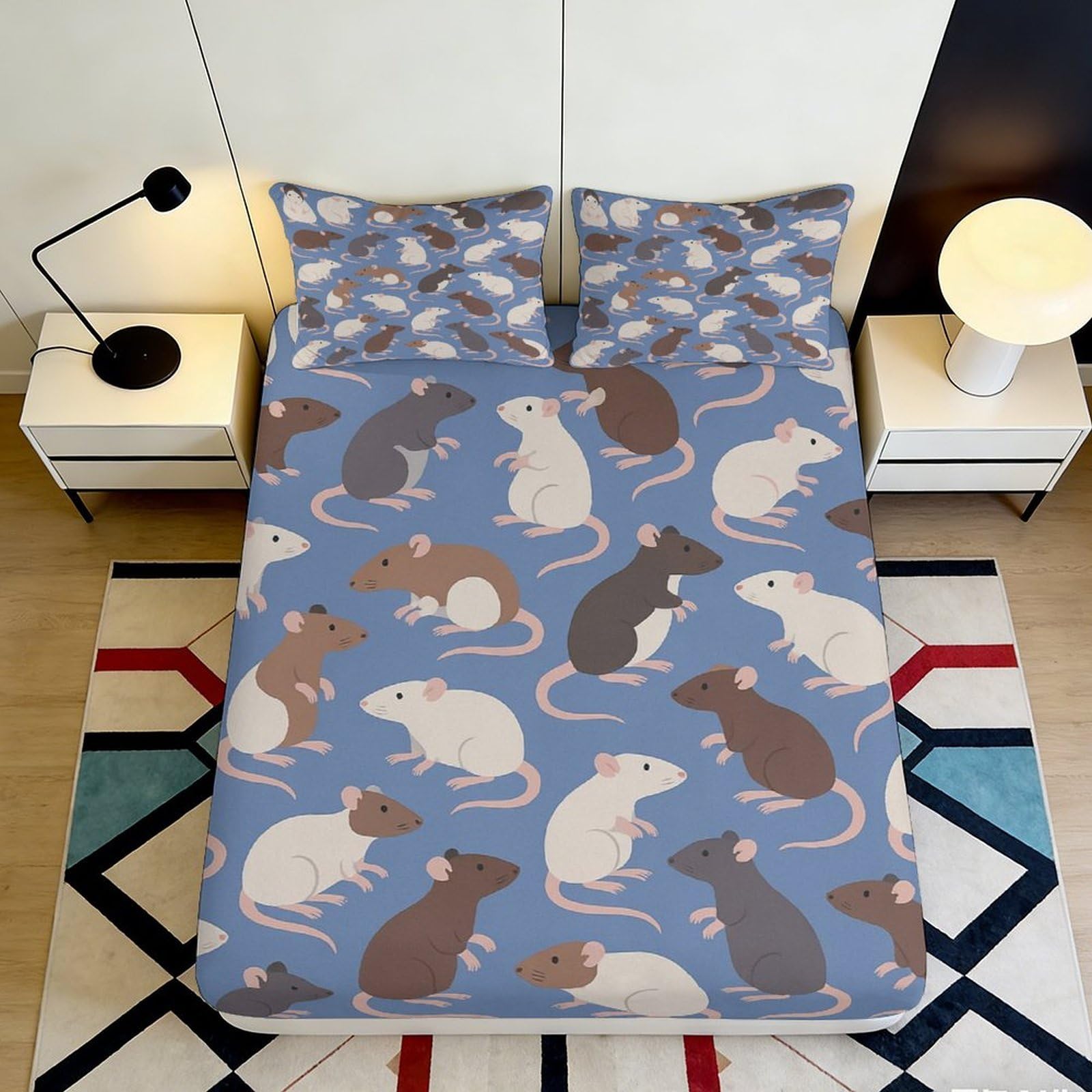 3D Printed Cartoon Rat Fitted Sheet Microfiber Soft Breathable Mouse Pattern Bed Cover for Bedroom Guest Room Decor 140x200x25cm