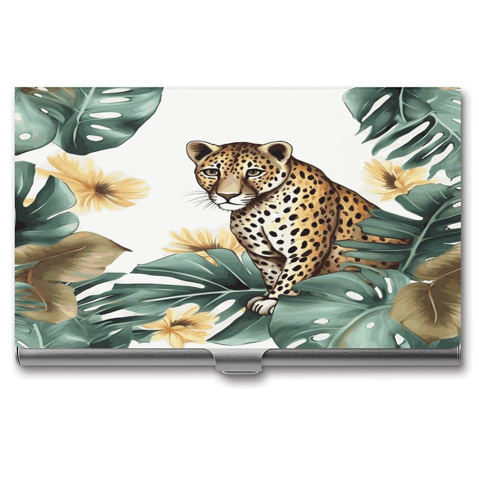 JTREHY Leopard And Palm Leaves Business Card Holder Slim Purse Name Card Holder Portable Metal Business Card Case Wallet Large Capacity Lightweight Business Card Case for Men Women