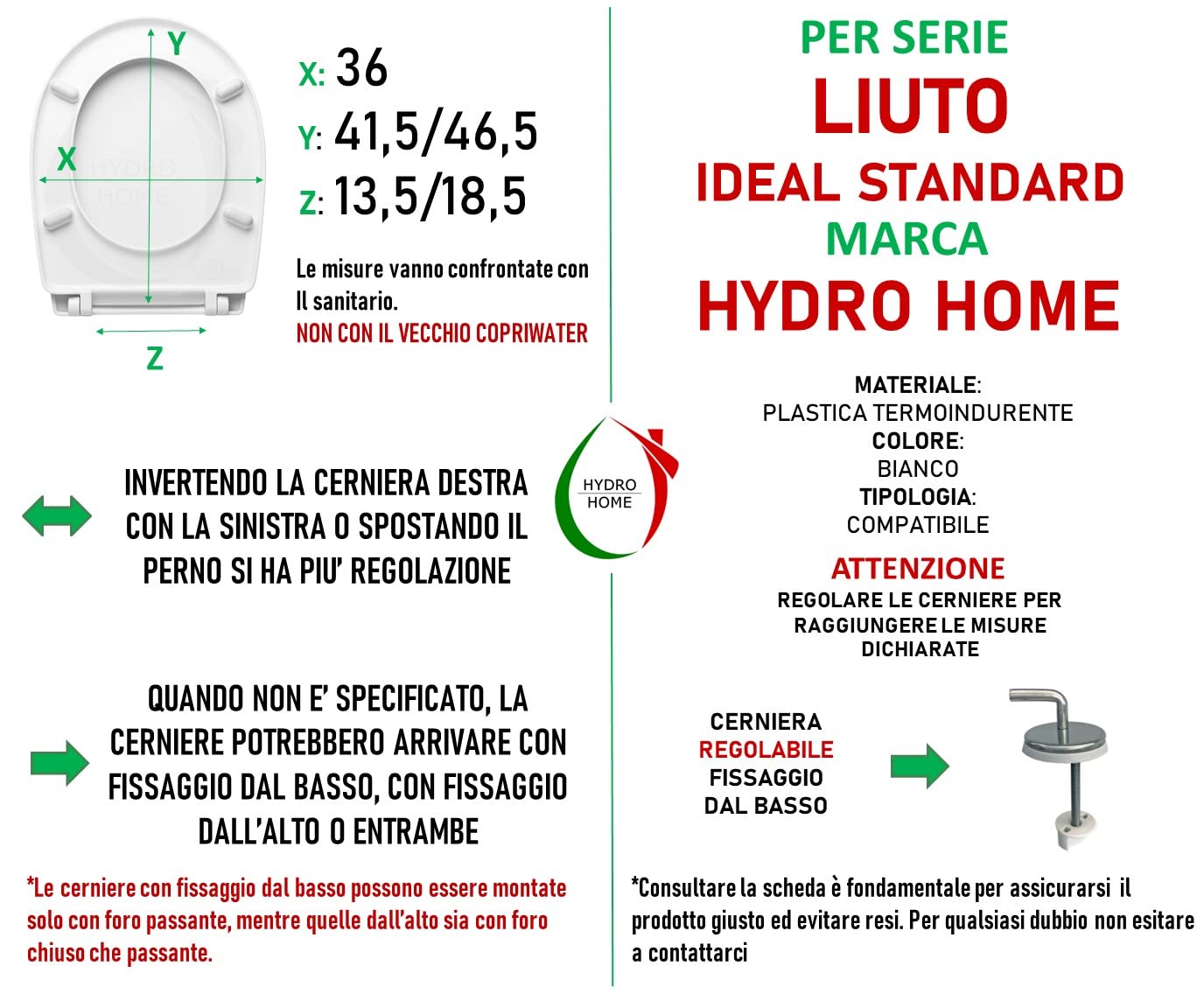 HYDRO HOME Copriwater Ideal standard Liuto Compatibile, Tavoletta Wc In Plastica Termoindurente Avvolgente Con Cerniere Regolabili,Asse Wc Colore Bianco MADE IN ITALY