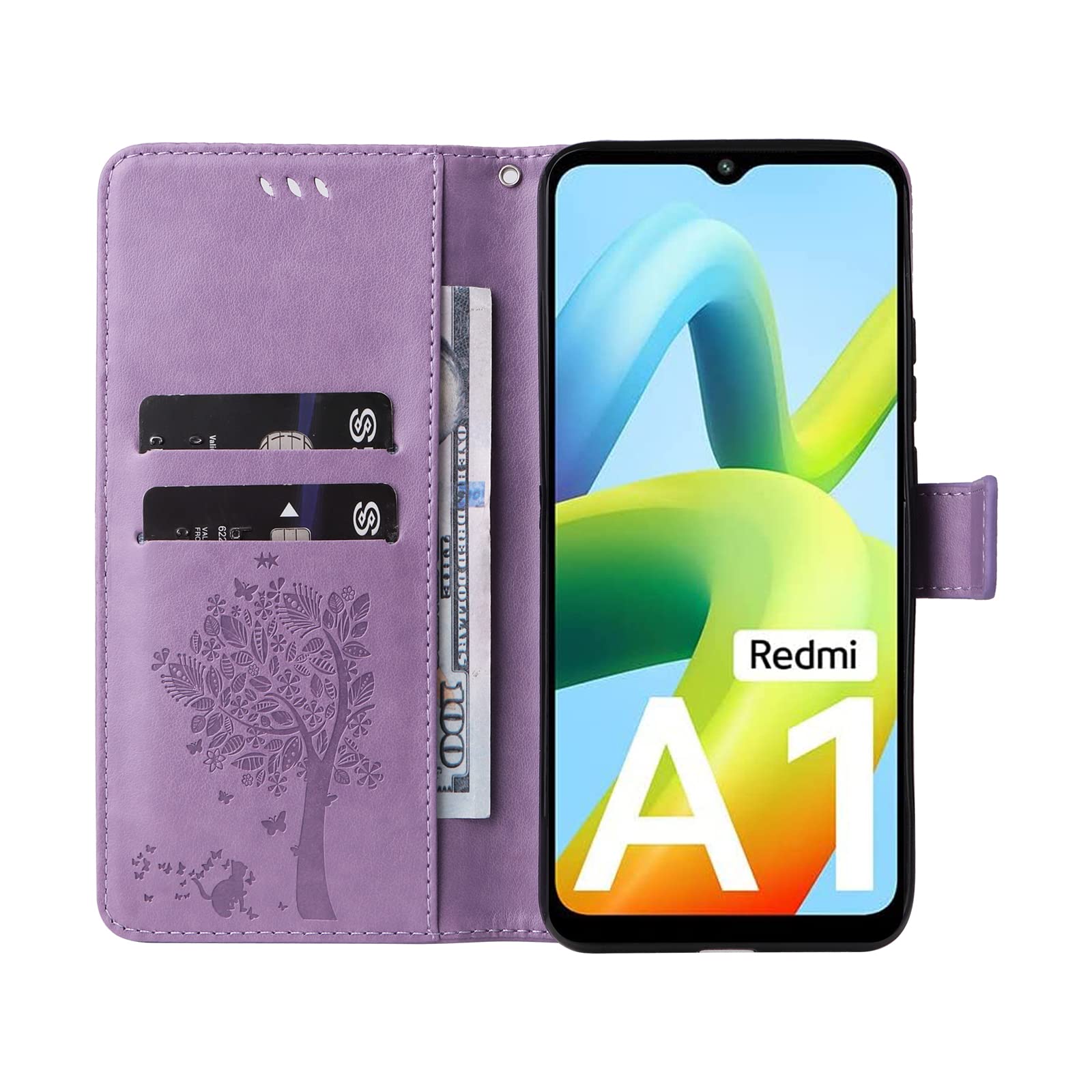 SEAHAI Cover Portafoglio Per Xiaomi Redmi A1/A2 - Design Foglie E Gatto In Rilievo, Rossa Con Cinturino