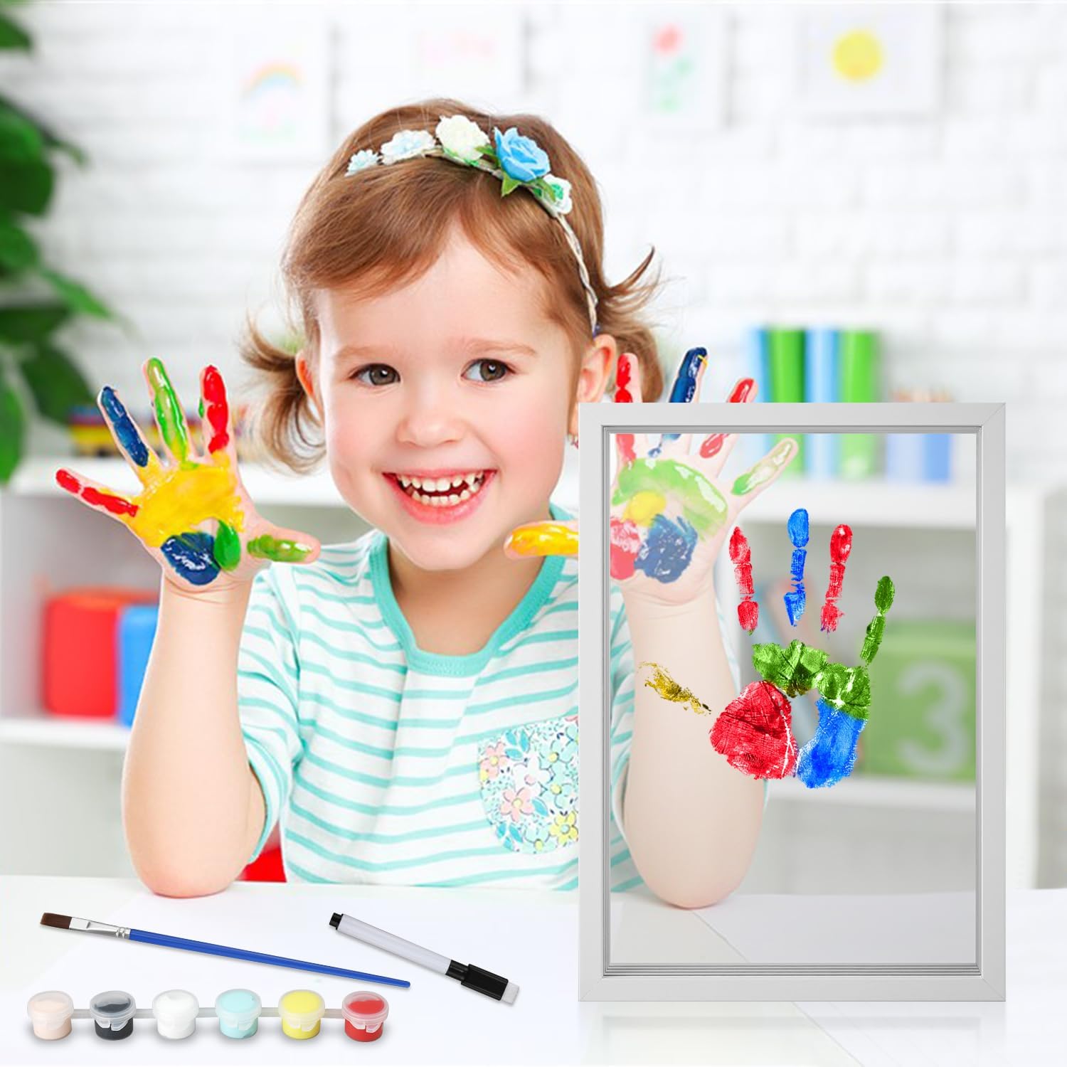 Auauraintt Kit d'Empreintes de Mains Familiales, Cadre en Bois Souvenir Artisanal, Coffret Cadeau, Peintures Non Toxiques, Feuilles Transparentes,Cadeaux pour parents et futurs parents (Blanc)