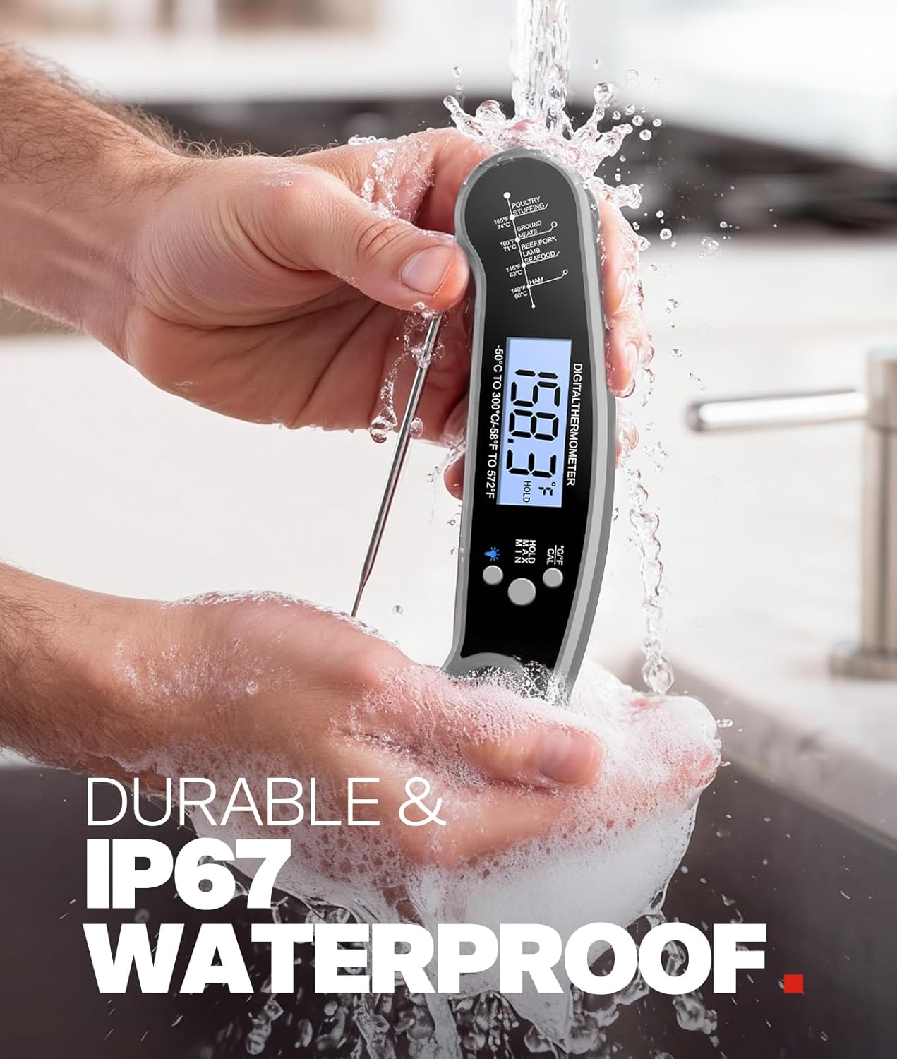 Cleaning the AYMDKI Digital Meat Thermometer under running water