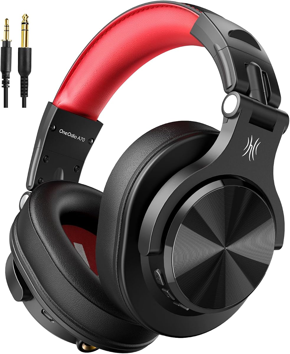 Auriculares supraaurales Bluetooth OneOdio A70, estudio de DJ con cable de alta resolución - Rojo | Auriculares supraaurales inalámbricos con tiempo de reproducción de 72 horas, conectores con cable de 3,5 mm/6,35 mm para monitorización de estudio, mezcla, guitarra, amplificador y PC