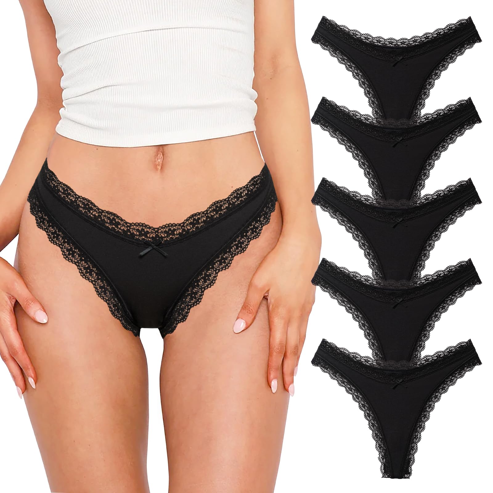 REORIA Womens Sexy Lace Cotton Seamless Thongs Panties for Women Cheeky No Show Underwear 5-Pack