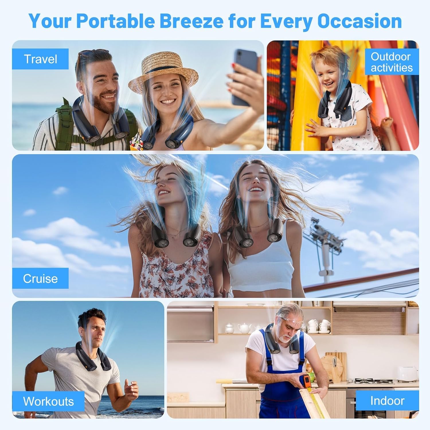 8000mAh Ventilador de Cuello, Ventilador Cuello Sin Aspas Portátil, USB Recargable Máx 20H, 6 Velocidades, Mini Cuello Ventilador, para Coche Deporte Oficina Hogar Viajar Acampar