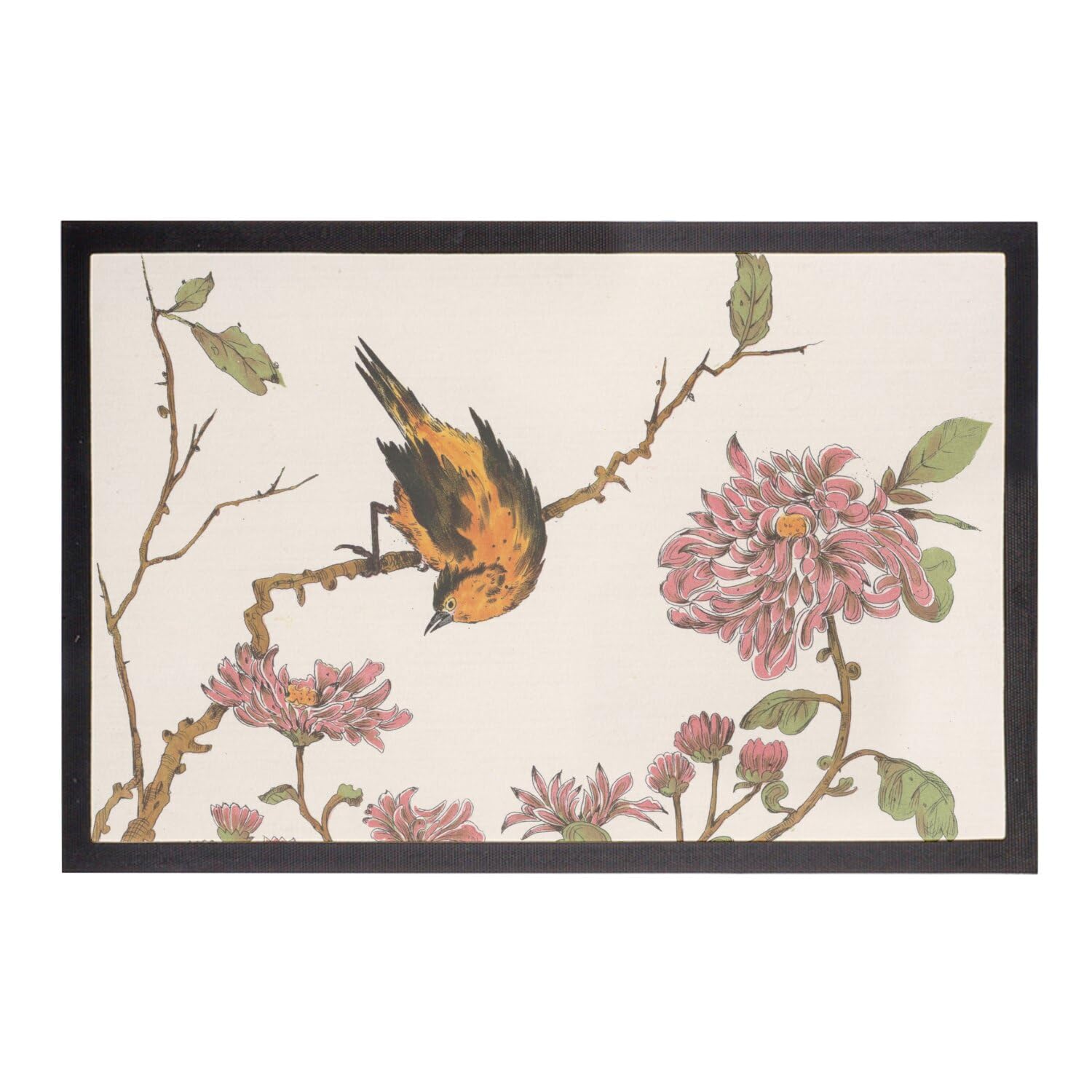 Paillasson oiseau branche style estampe pour entrée zen fleurie