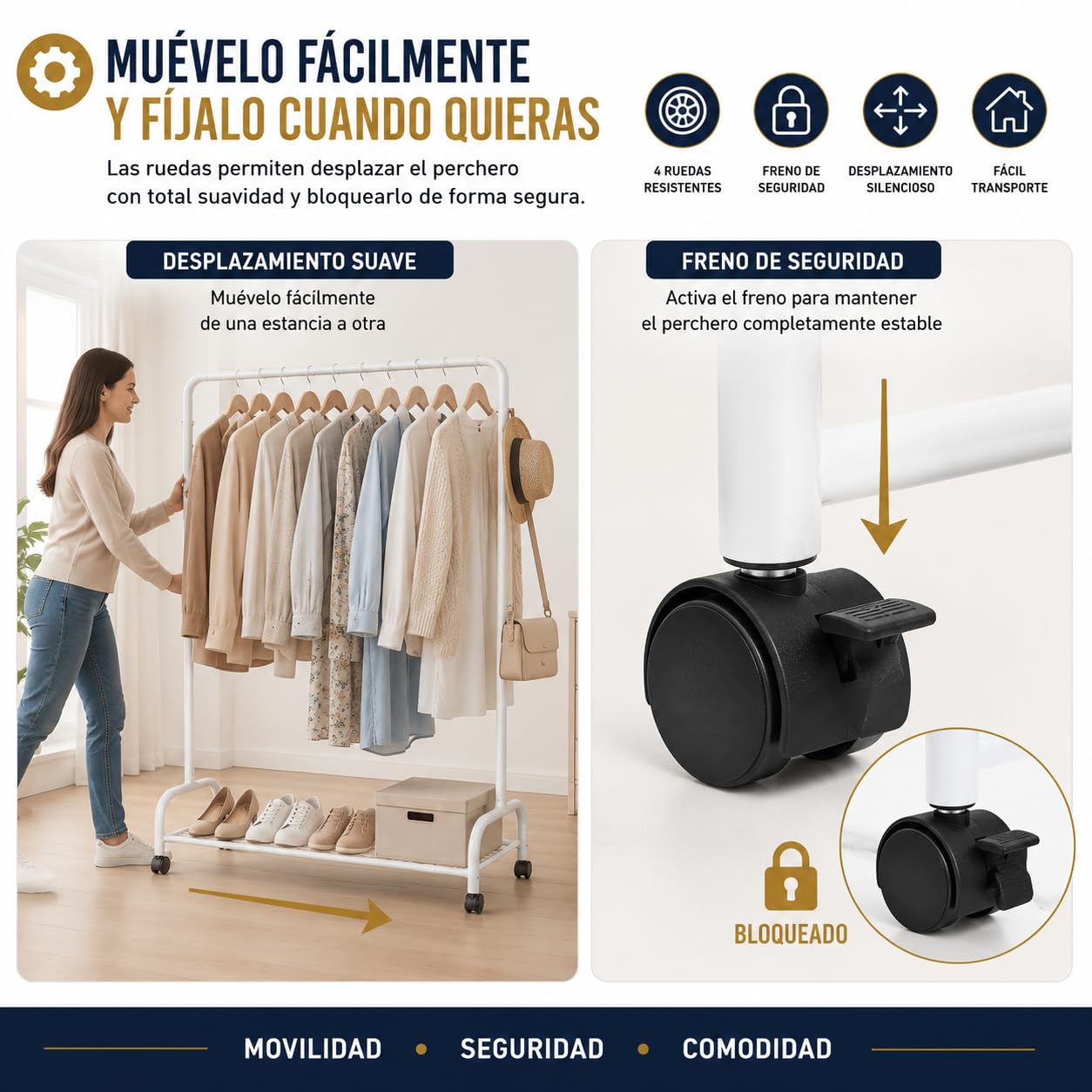TIENDA EURASIA – Perchero Burro para Ropa con Ruedas | Acero | 4 Ganchos Laterales | Topes Antideslizantes | 4 Ruedas con Freno | Carga Máxima 25 kg | Blanco | 160x118x45.5 cm