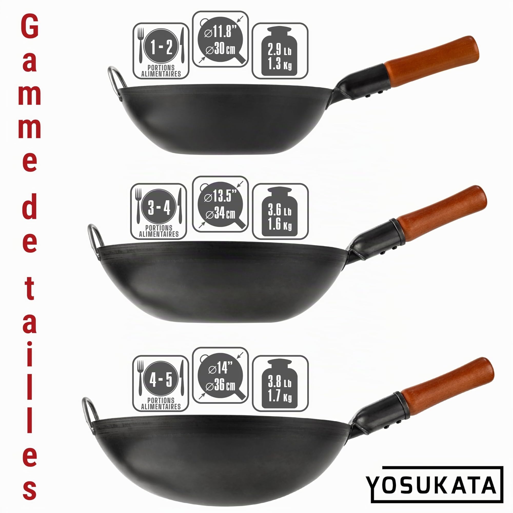 YOSUKATA Woks Et Poêles à Frire 30 cm à Fond Plat Pré-assaisonné Chinois Traditionnel - Wok Acier Carbone Noir Pour Induction, Plaques Électriques, Gaz, Feu Ouvert - Pour Sauté, Barbecue et Camping