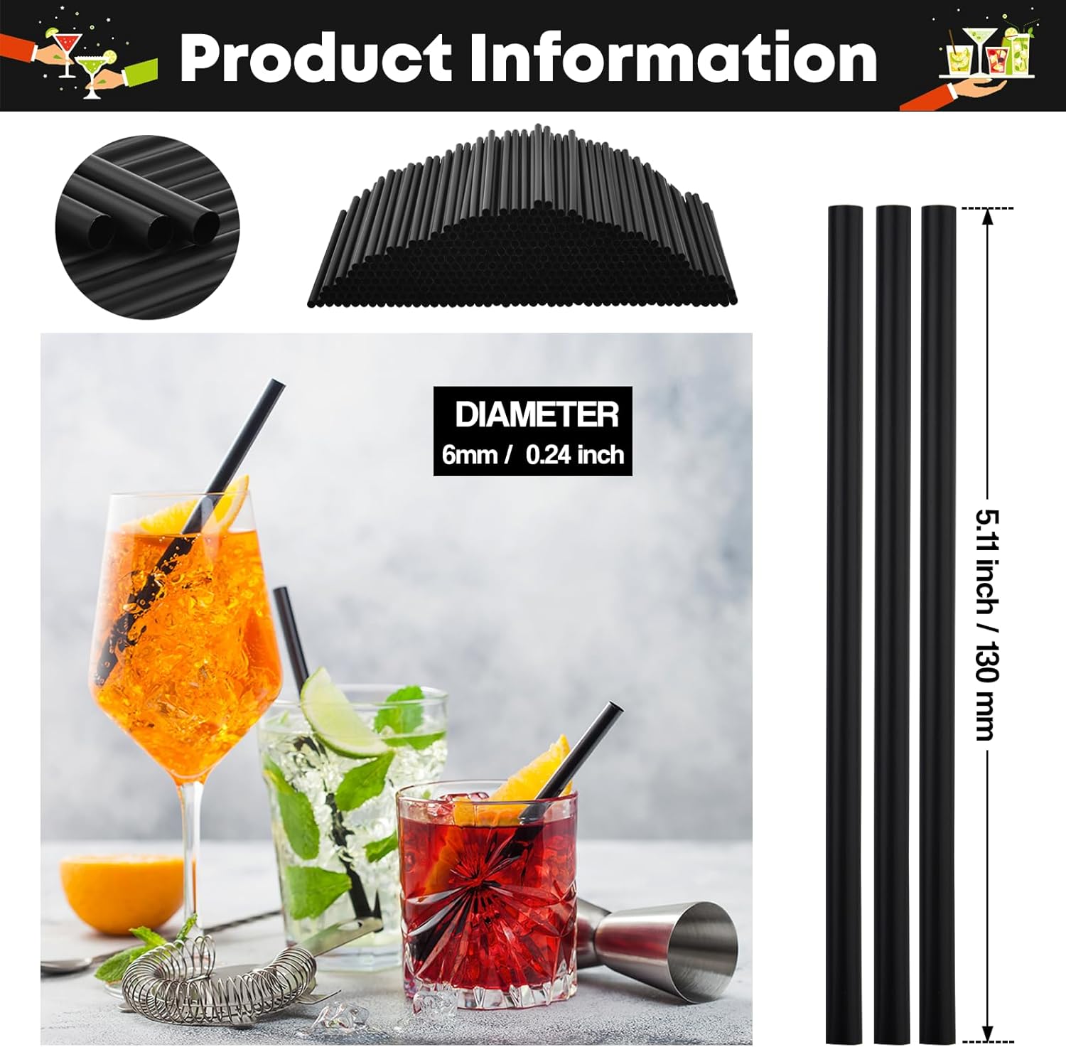 ALINK 500 PCS 5 Inch Plastic Black Cocktail Straws, 0.24" Diameter Disposable Small Short Straws for Bar, Margarita, Coffee, Martini, Whiskey, Milk, Club, Kitchen and Party - Image 2