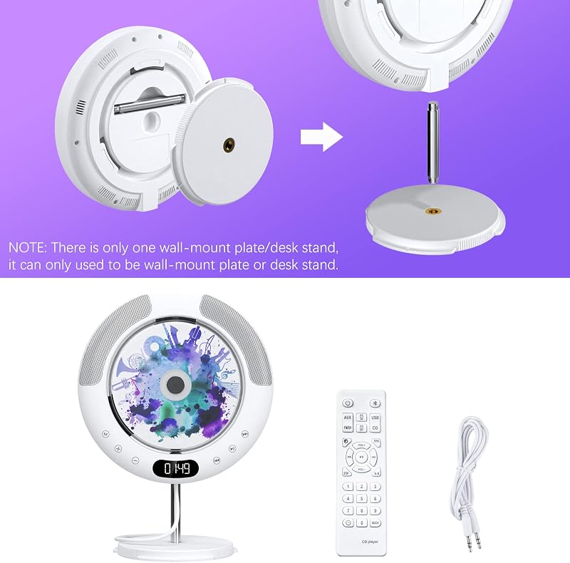 KOVCDVI Bluetooth CD Lejátszó Fali Szerelésű Érintőgombos Hangszóróval FM Rádió USB AUX LCD Kijelző Távirányító Portalanító Fedél
