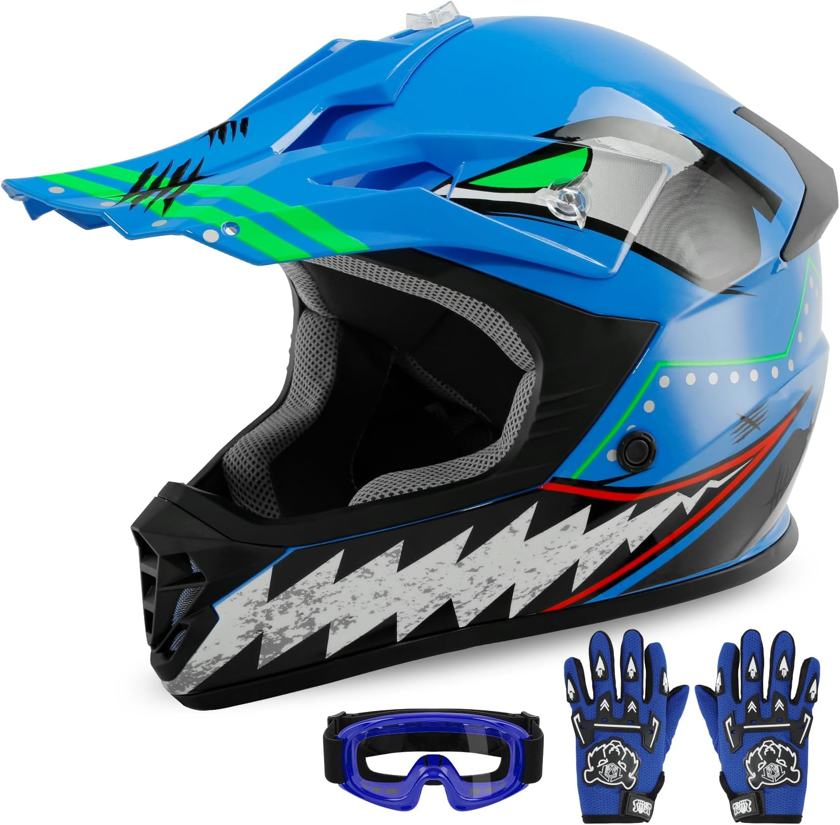 - XFMT Kids Dirt Bike Helmet Youth Motorcycle Helmet DOT-Certified Full Face Helmets for Motocross ATV Off-Road Street Bike with Goggles & Gloves, Blue Shark Small